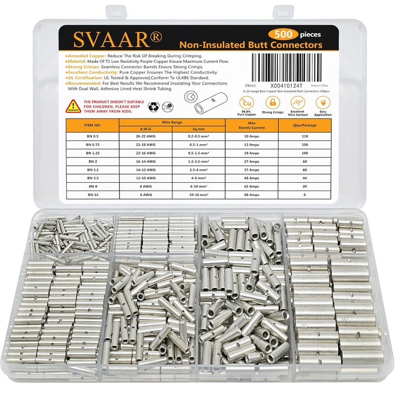 SVAAR 500PCS Non Insulated Butt Connectors 6-26 Gauge Butt Splice Kit 6-26 Gauge Wire Butt Splice, Marine Grade Tinned Copper Crimp Connectors for 26-6 AWG Wiring Uninsulated Butt Terminals - Image 1